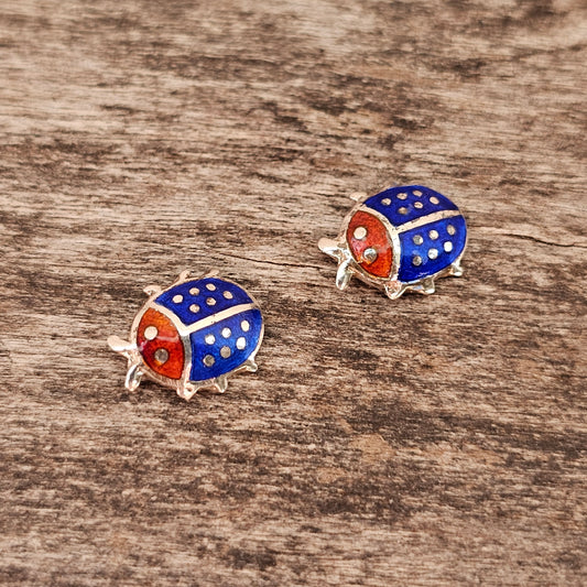 Vintage Silver Enamel Ladybird Stud Earrings