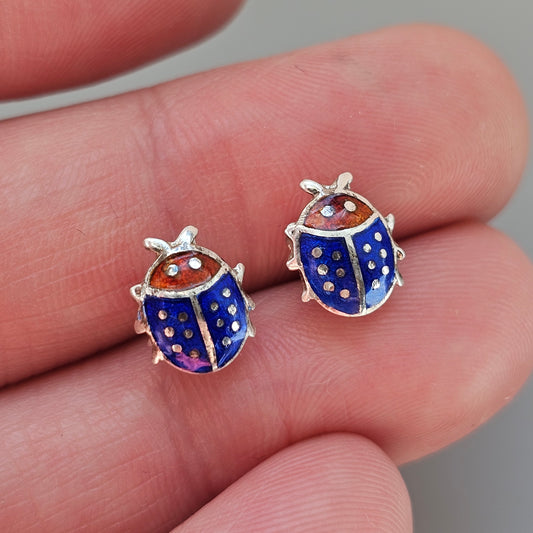 Vintage Silver Enamel Ladybird Stud Earrings