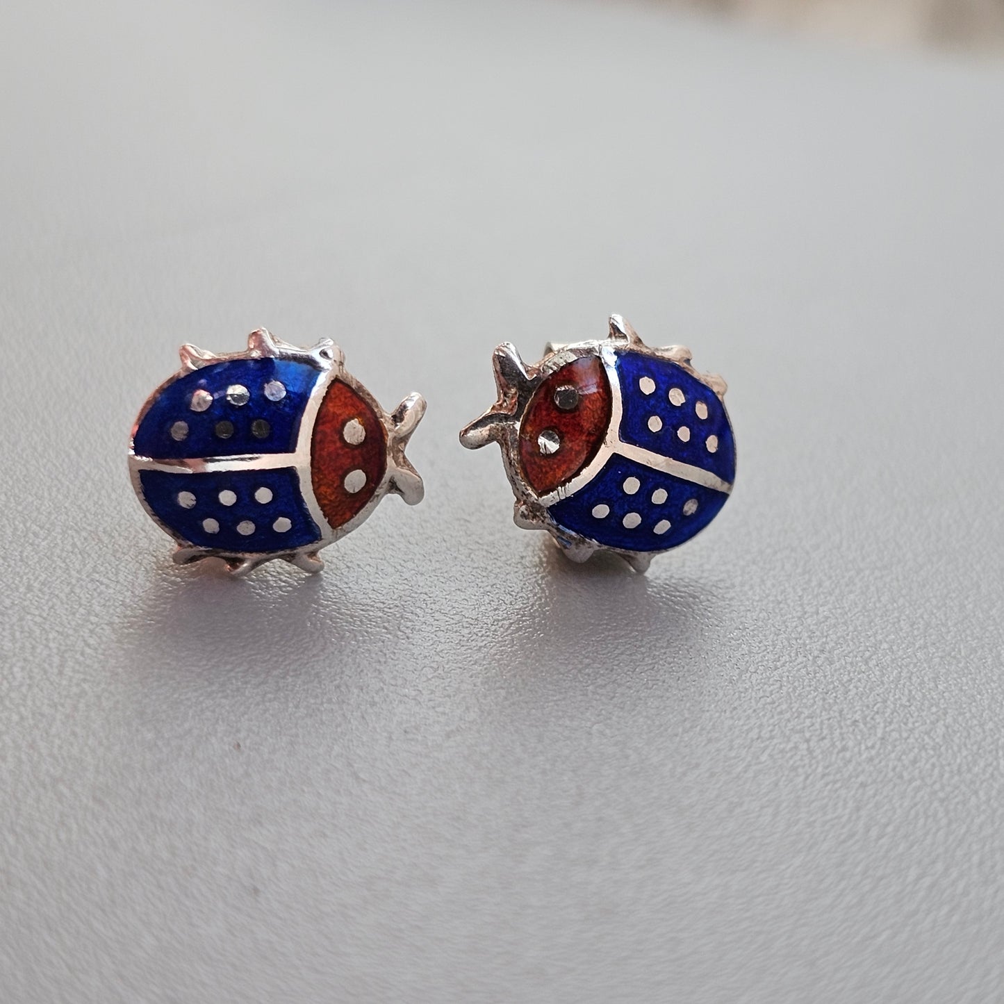 Vintage Silver Enamel Ladybird Stud Earrings
