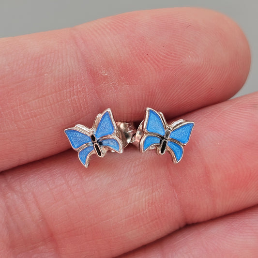 Vintage Scandinavian Silver Blue Enamel Butterfly Stud Earrings