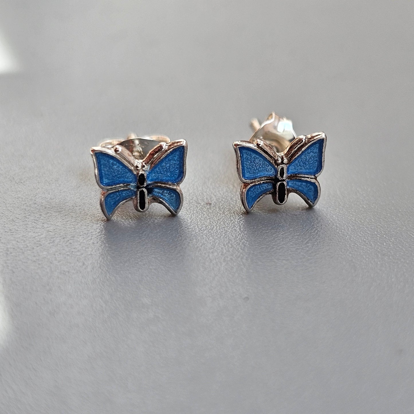Vintage Scandinavian Silver Blue Enamel Butterfly Stud Earrings