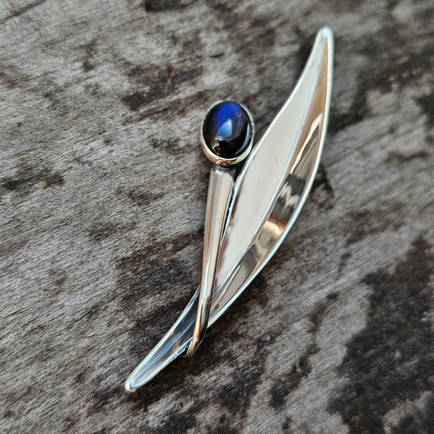 Vintage Finnish Modernist Silver & Spectrolite Flower Brooch by Elis Kauppi Kupittaan Kulta