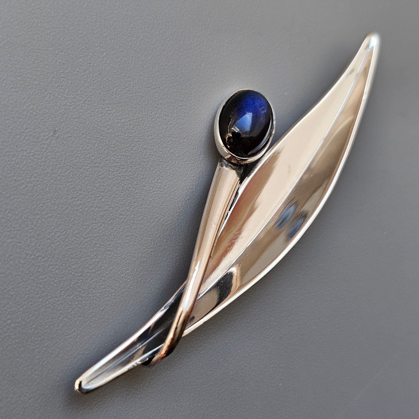 Vintage Finnish Modernist Silver & Spectrolite Flower Brooch by Elis Kauppi Kupittaan Kulta