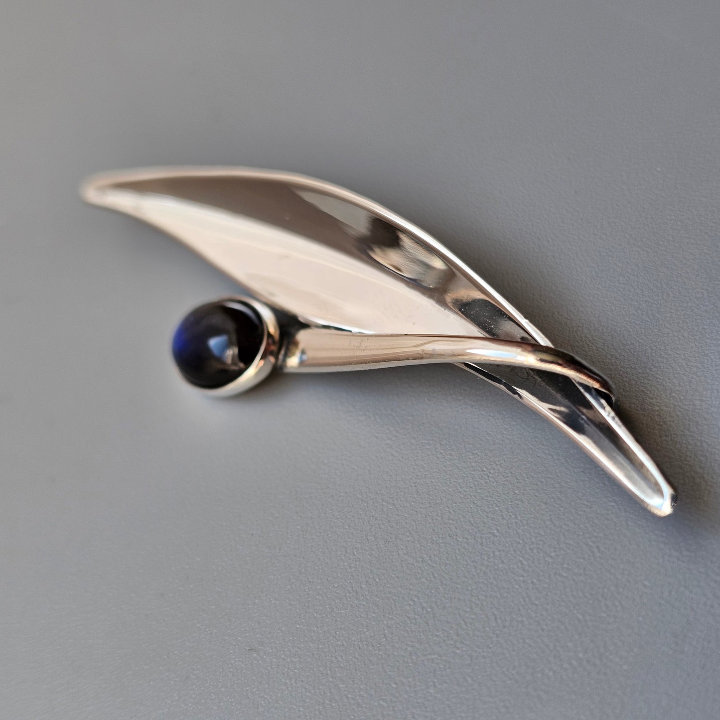 Vintage Finnish Modernist Silver & Spectrolite Flower Brooch by Elis Kauppi Kupittaan Kulta