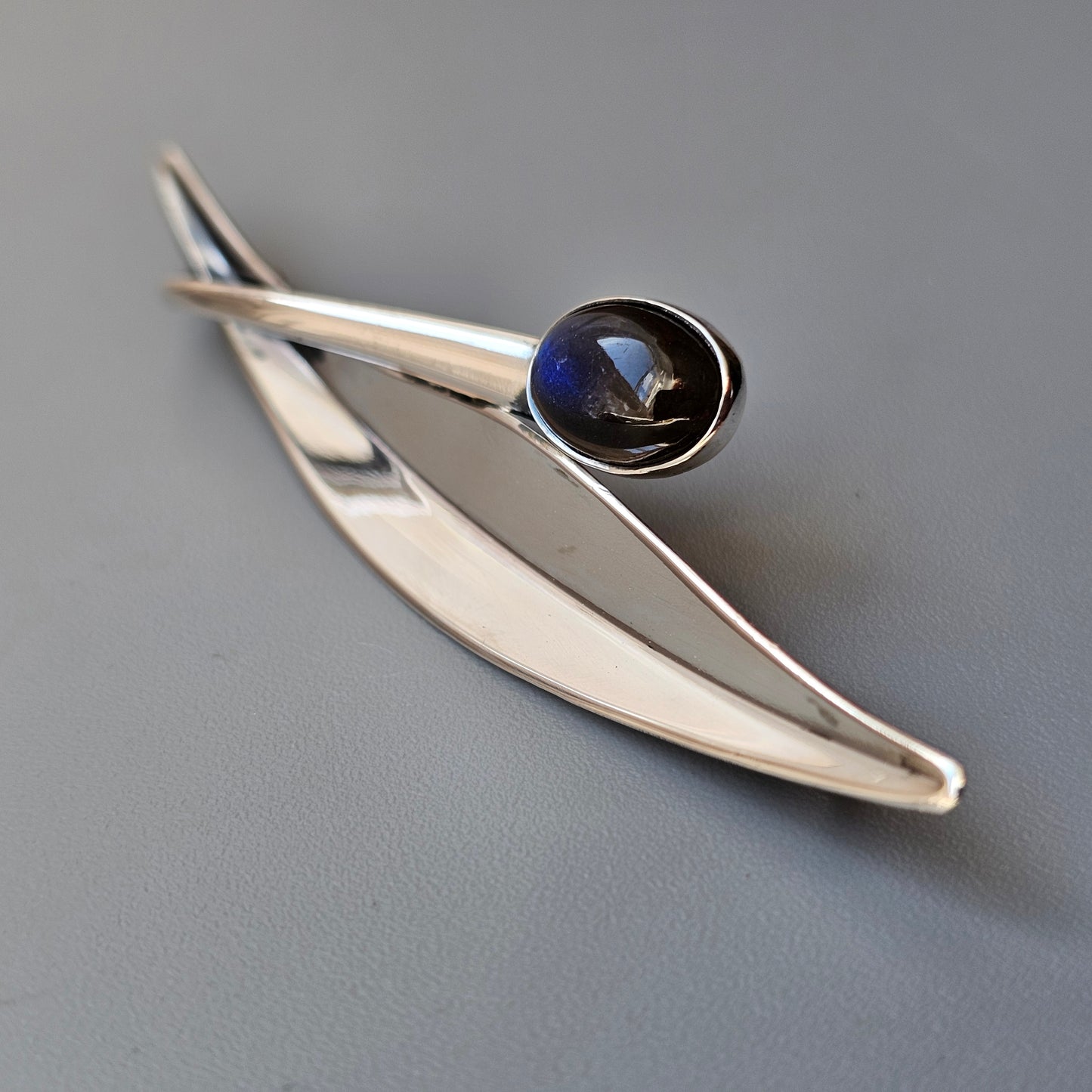 Vintage Finnish Modernist Silver & Spectrolite Flower Brooch by Elis Kauppi Kupittaan Kulta