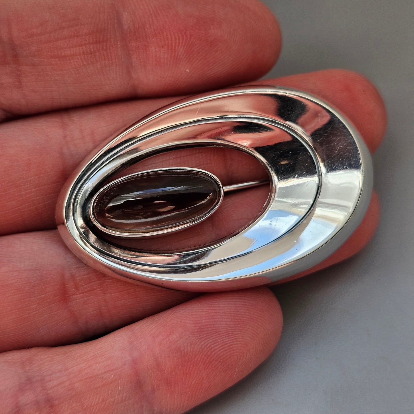 Vintage 1960s Finnish Modernist Silver Brooch with Smoky Quartz by Erik Granit & Co 1964