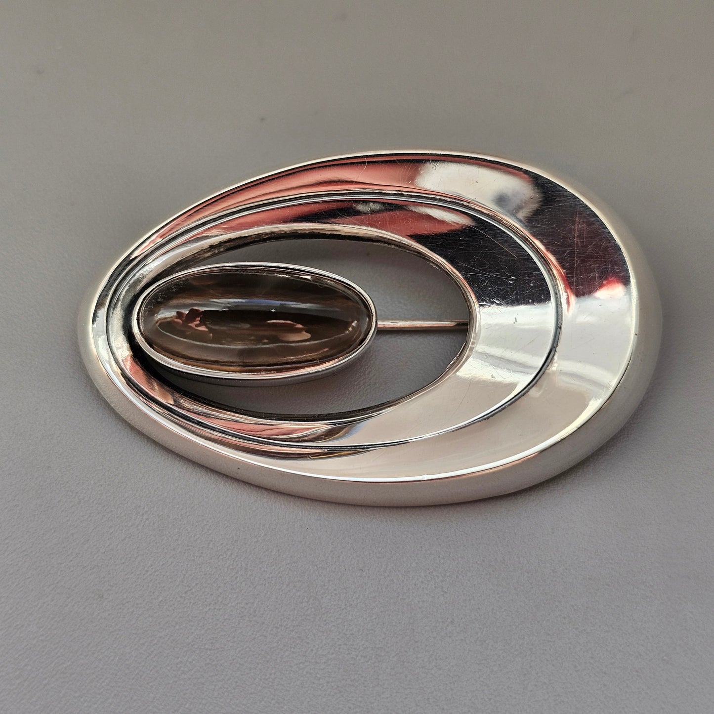 Vintage 1960s Finnish Modernist Silver Brooch with Smoky Quartz by Erik Granit & Co 1964