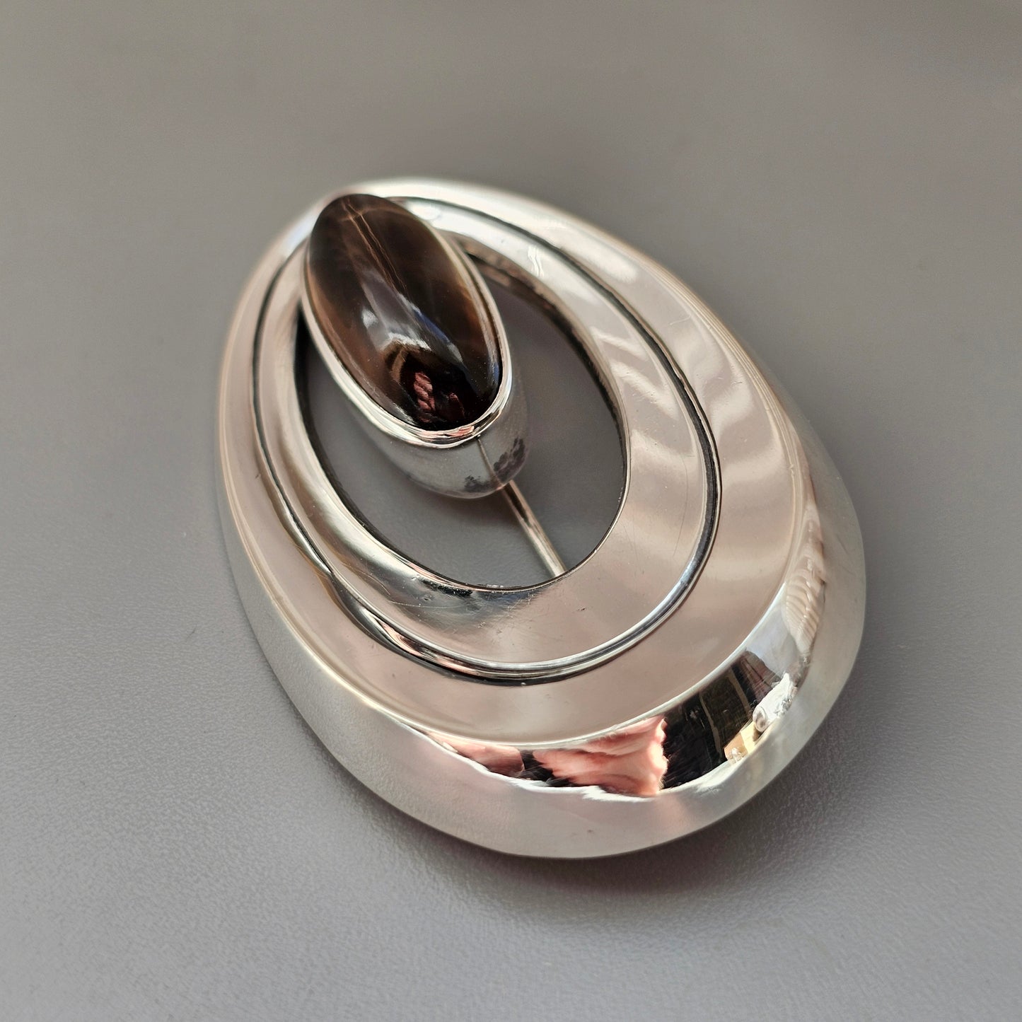 Vintage 1960s Finnish Modernist Silver Brooch with Smoky Quartz by Erik Granit & Co 1964