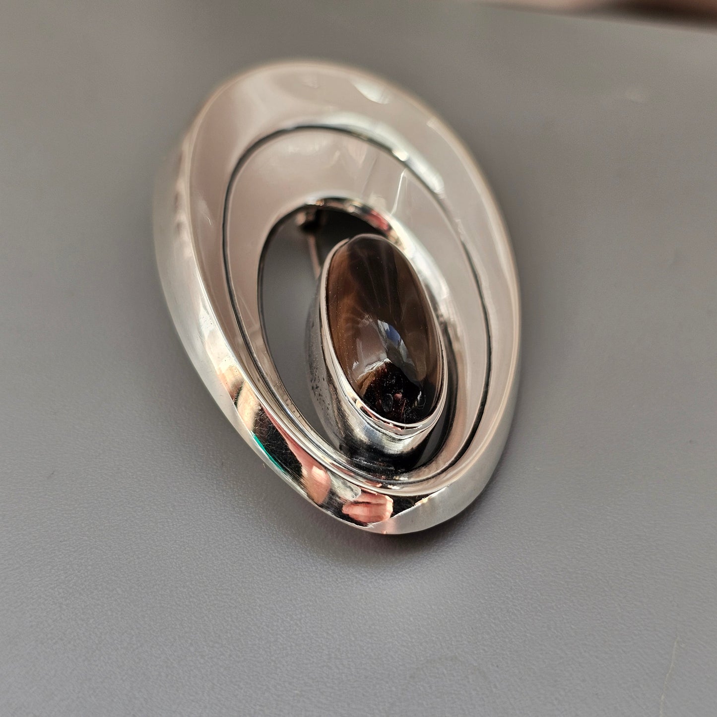 Vintage 1960s Finnish Modernist Silver Brooch with Smoky Quartz by Erik Granit & Co 1964