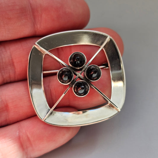 1960s Vintage Modernist Finnish Silver & Smoky Quartz Brooch by Kultaseppa Salovaara 1964