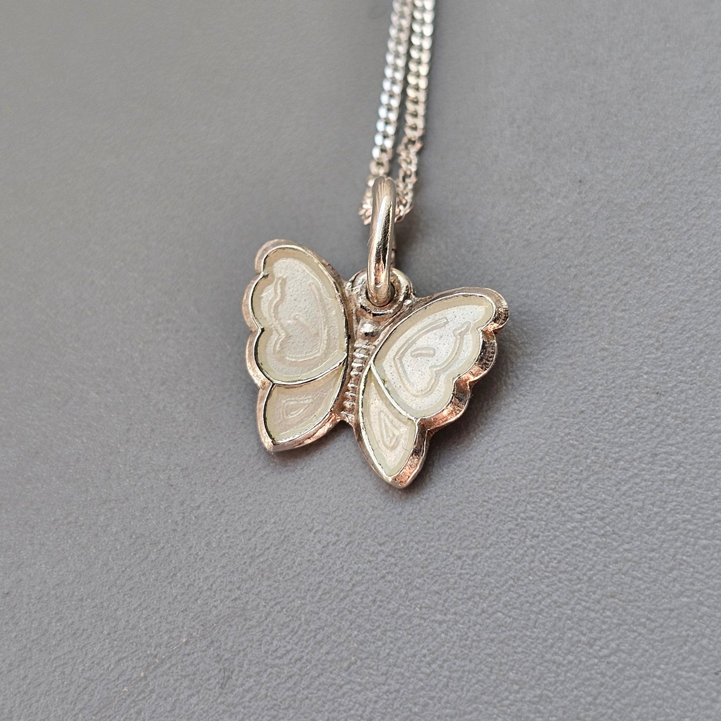 Small Vintage Norwegian Silver Enamel White Butterfly Pendant by Opro