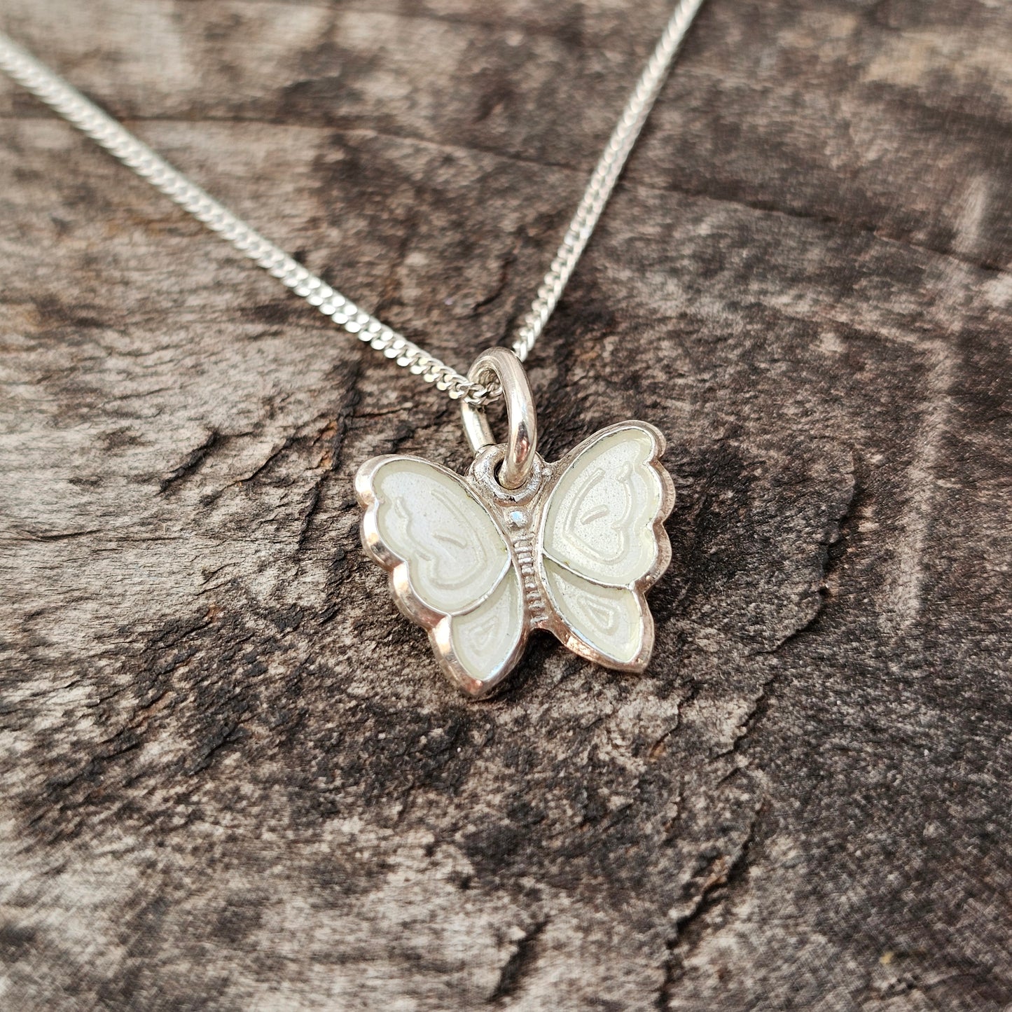 Small Vintage Norwegian Silver Enamel White Butterfly Pendant by Opro