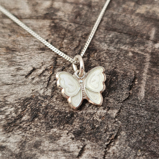 Small Vintage Norwegian Silver Enamel White Butterfly Pendant by Opro