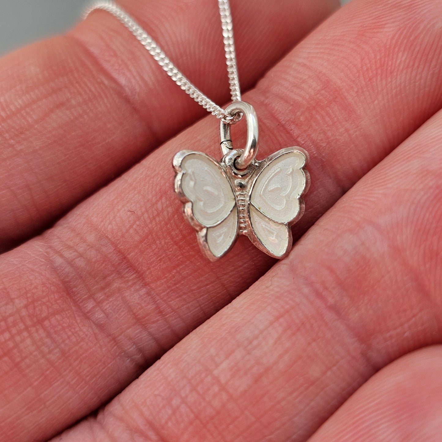 Small Vintage Norwegian Silver Enamel White Butterfly Pendant by Opro