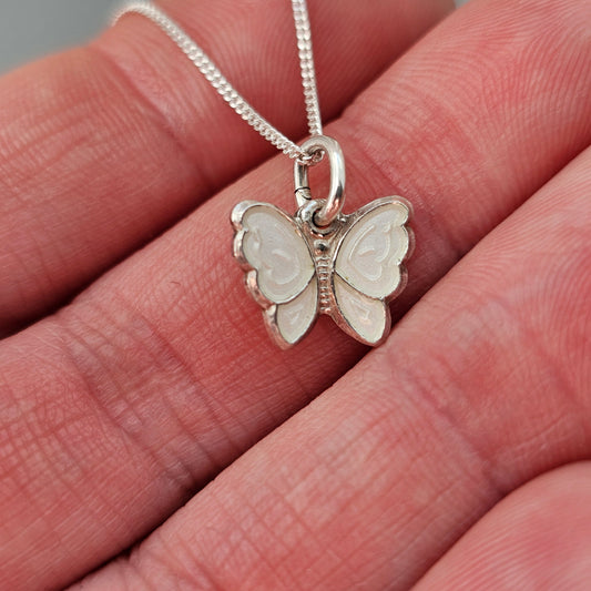 Small Vintage Norwegian Silver Enamel White Butterfly Pendant by Opro
