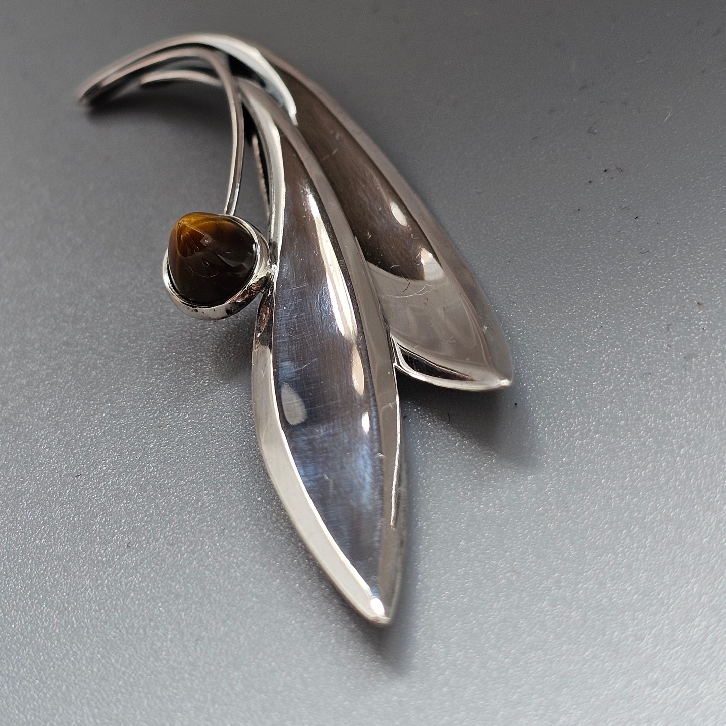 Vintage 60s Modernist Silver Tigers Eye Flower Brooch Elis Kauppi Kupittaan Kulta 1962
