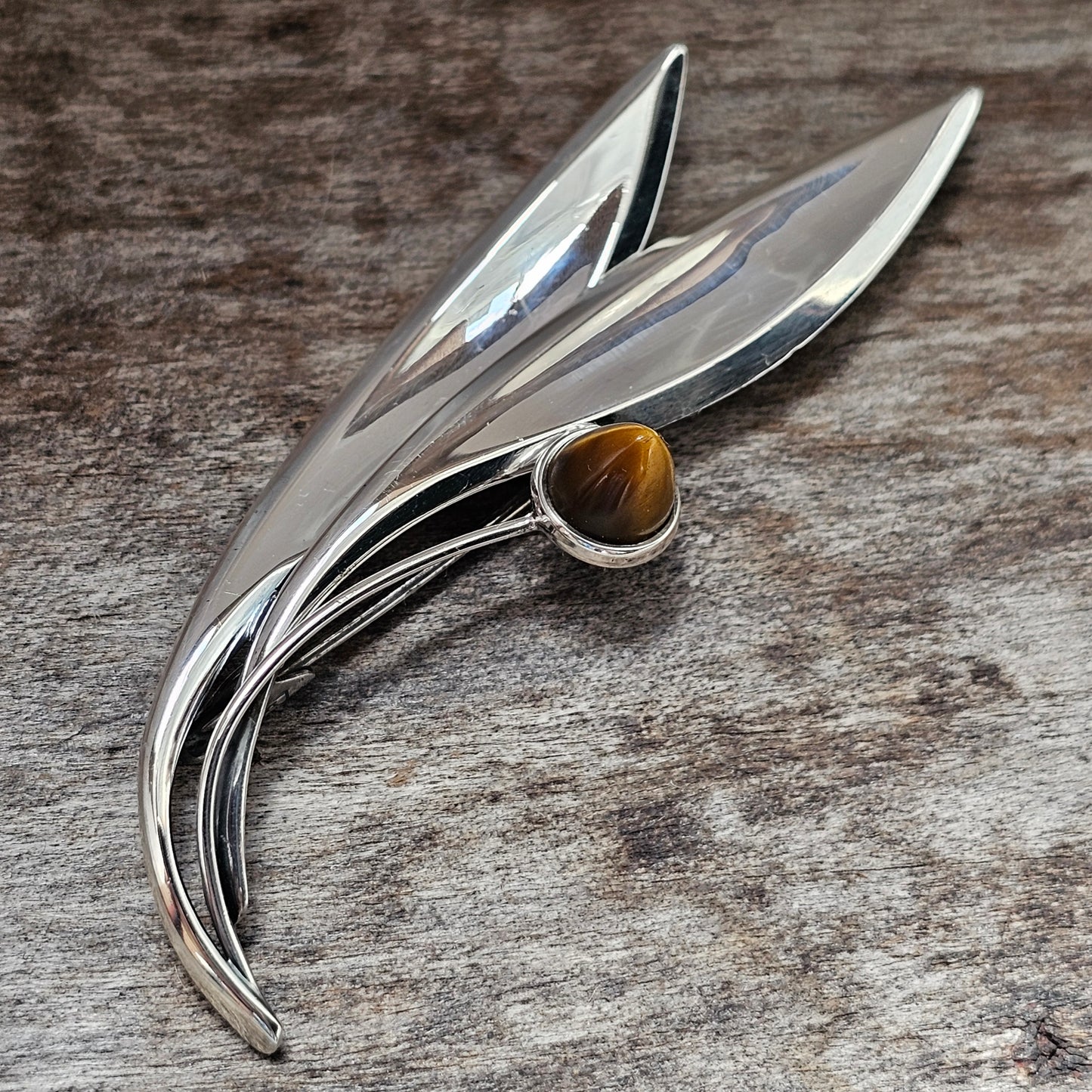 Vintage 60s Modernist Silver Tigers Eye Flower Brooch Elis Kauppi Kupittaan Kulta 1962