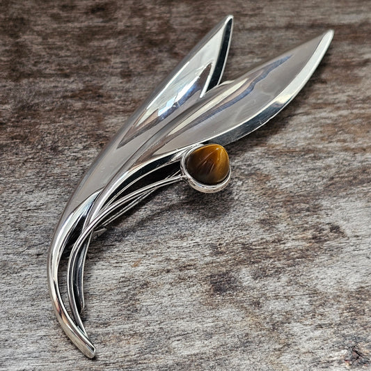 Vintage 60s Modernist Silver Tigers Eye Flower Brooch Elis Kauppi Kupittaan Kulta 1962