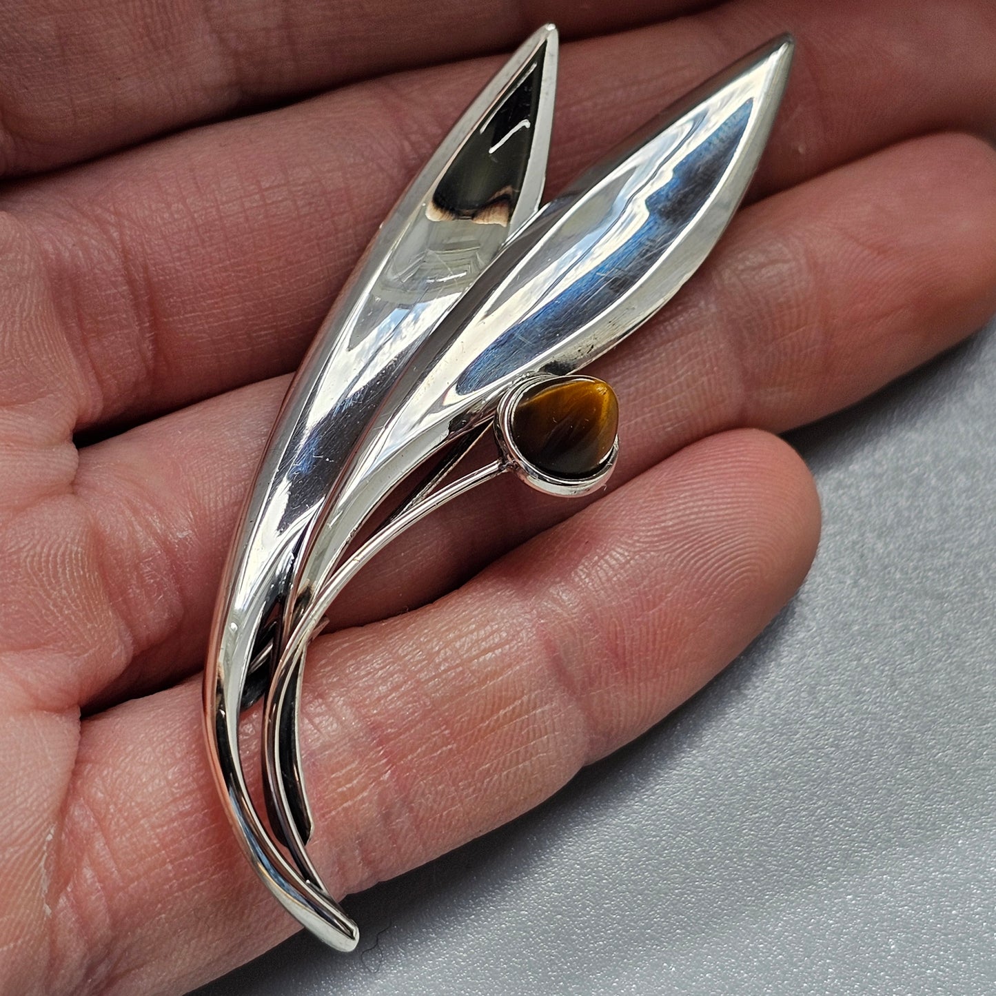 Vintage 60s Modernist Silver Tigers Eye Flower Brooch Elis Kauppi Kupittaan Kulta 1962