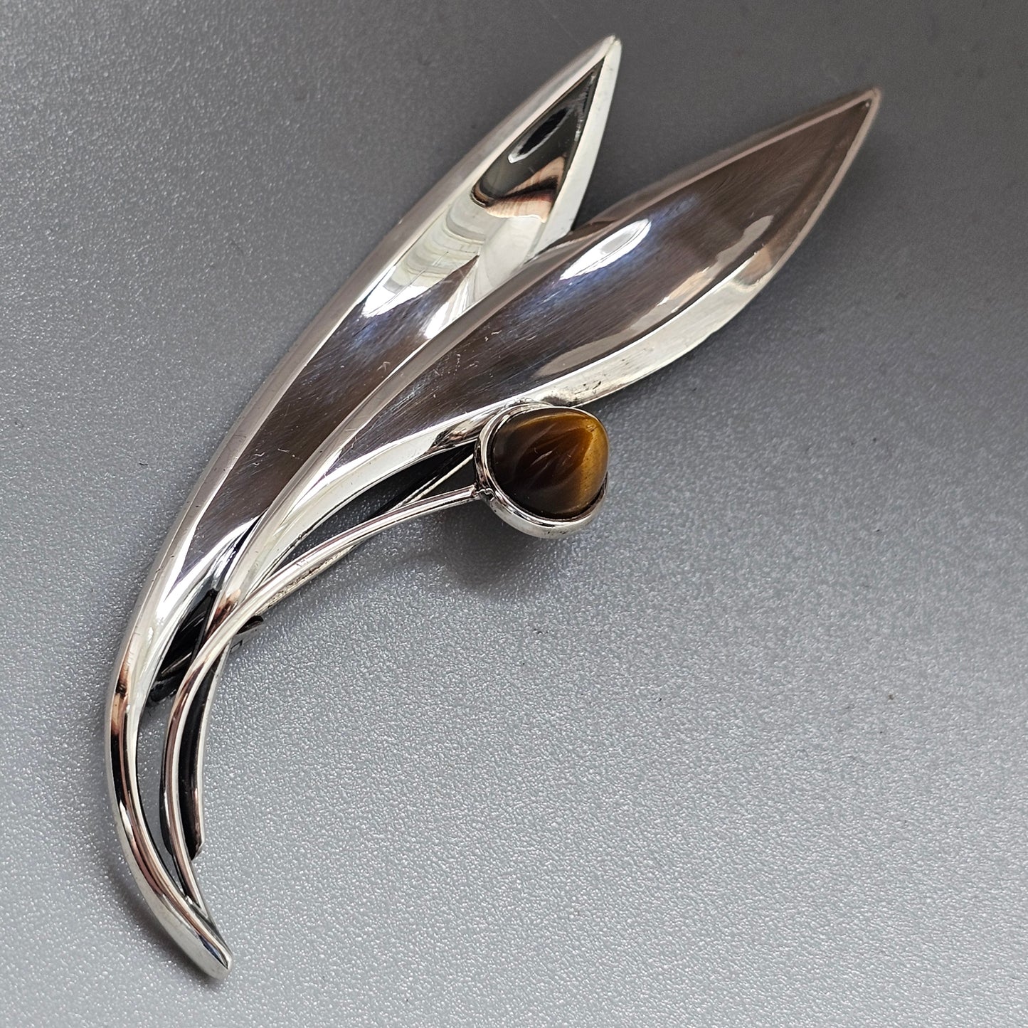 Vintage 60s Modernist Silver Tigers Eye Flower Brooch Elis Kauppi Kupittaan Kulta 1962