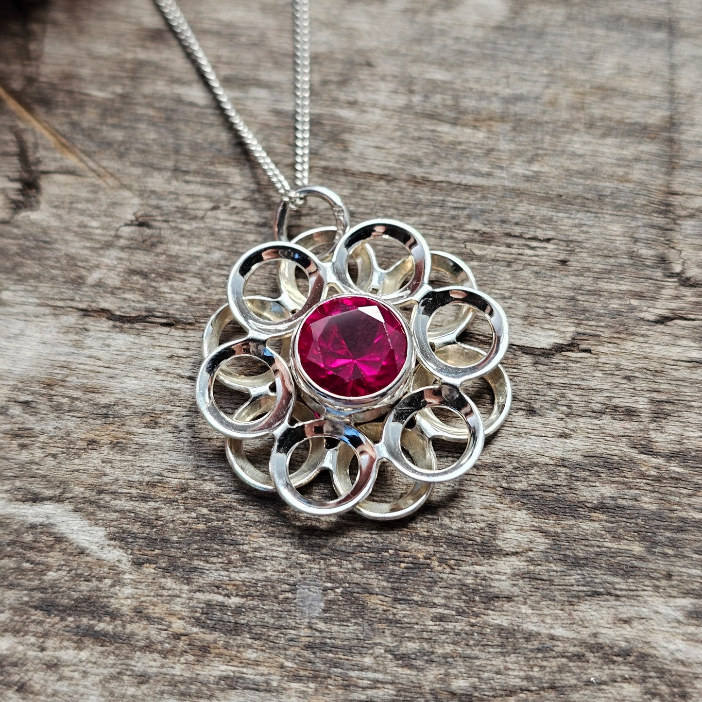 Vintage Modernist Silver & Ruby Flower Necklace Pendant by Kultaseppä Salovaara