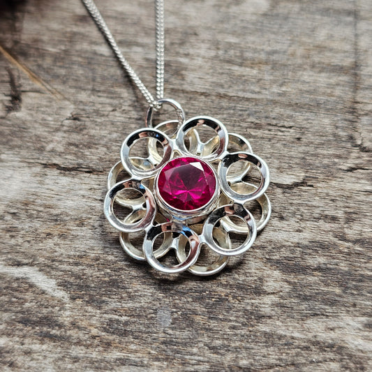 Vintage Modernist Silver & Ruby Flower Necklace Pendant by Kultaseppä Salovaara