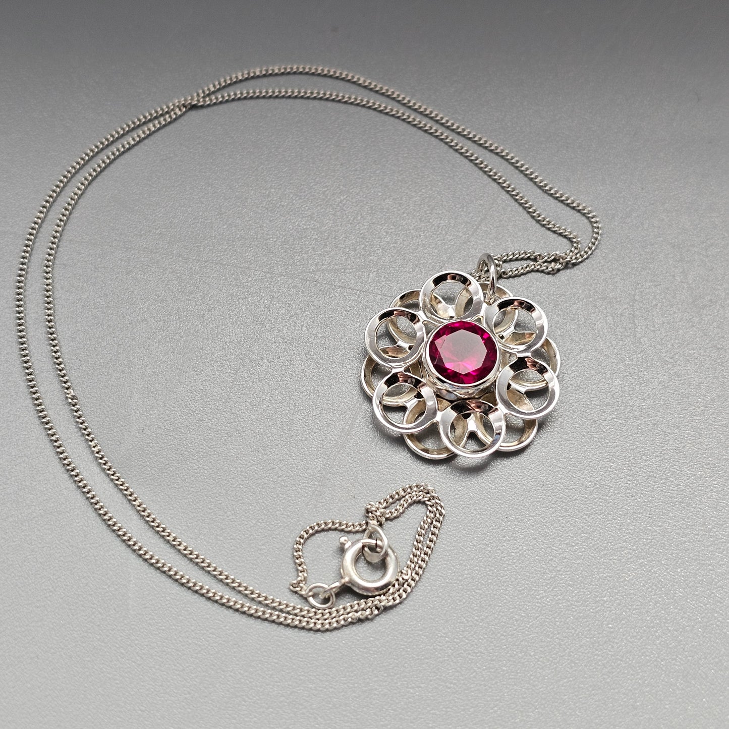 Vintage Modernist Silver & Ruby Flower Necklace Pendant by Kultaseppä Salovaara