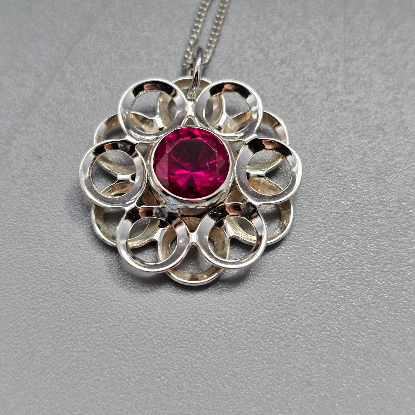 Vintage Modernist Silver & Ruby Flower Necklace Pendant by Kultaseppä Salovaara