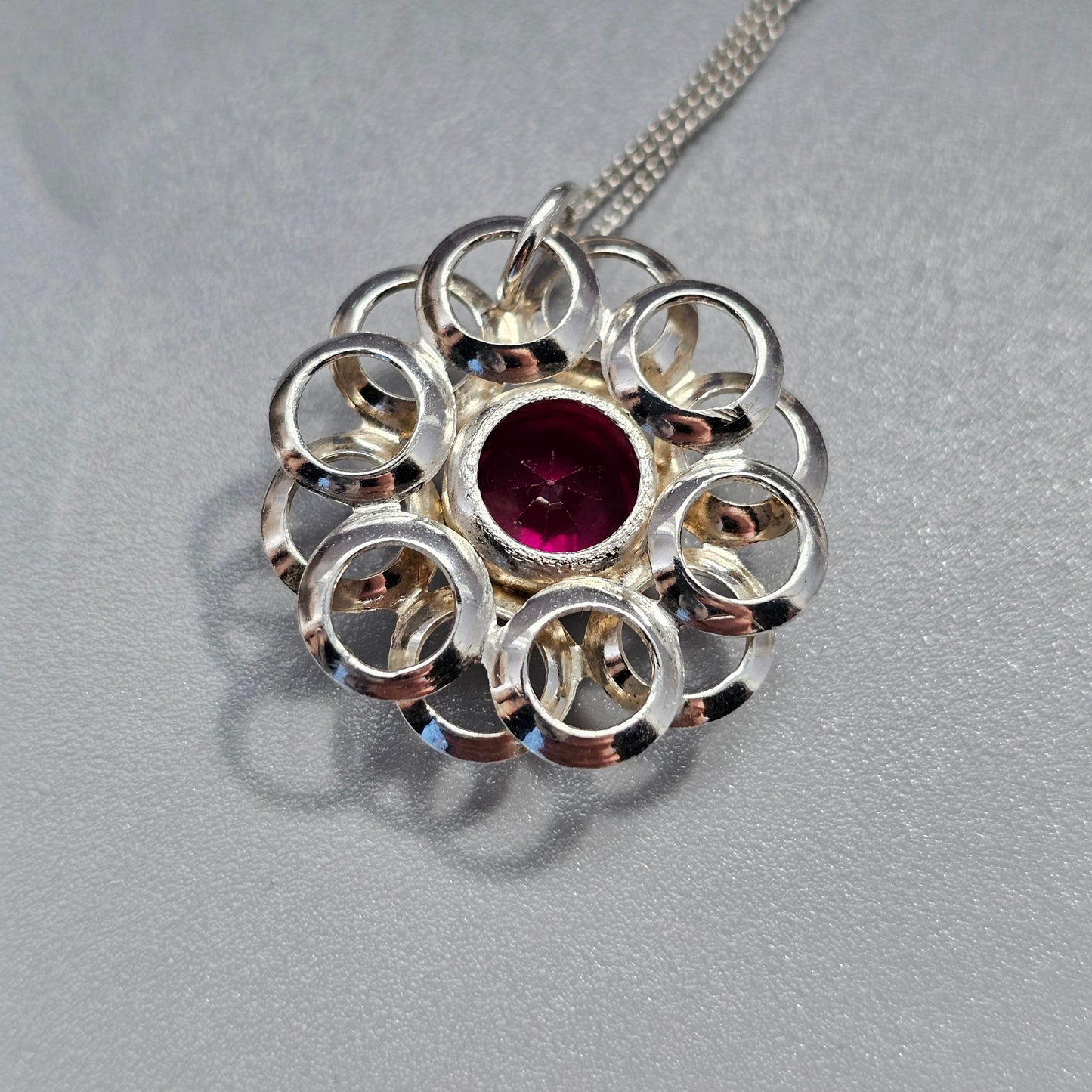Vintage Modernist Silver & Ruby Flower Necklace Pendant by Kultaseppä Salovaara