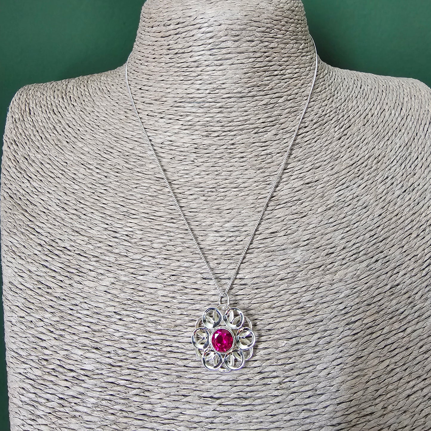Vintage Modernist Silver & Ruby Flower Necklace Pendant by Kultaseppä Salovaara