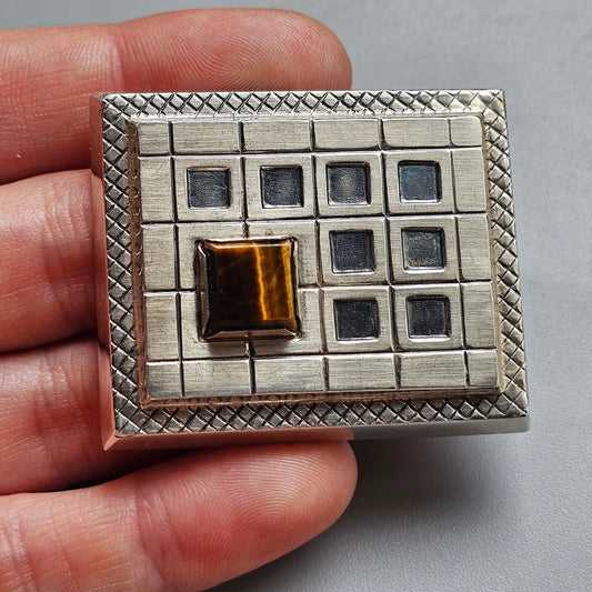 Vintage 1960s Finnish Silver & Tiger's Eye Modernist Style Brooch 1965
