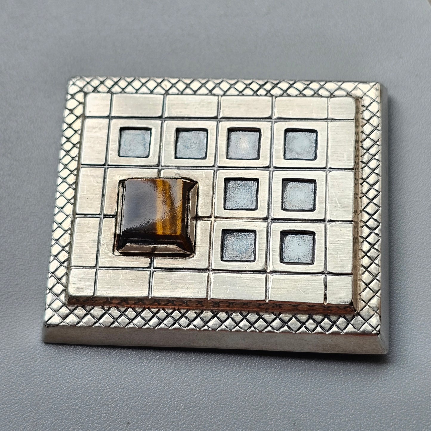 Vintage 1960s Finnish Silver & Tiger's Eye Modernist Style Brooch 1965