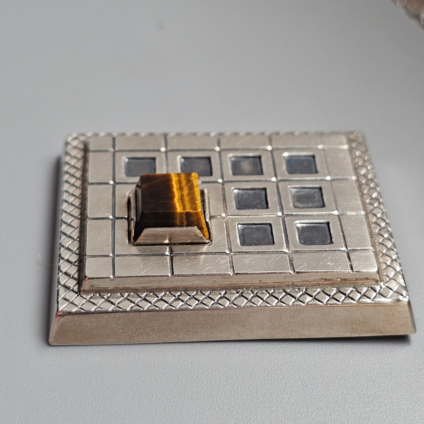 Vintage 1960s Finnish Silver & Tiger's Eye Modernist Style Brooch 1965