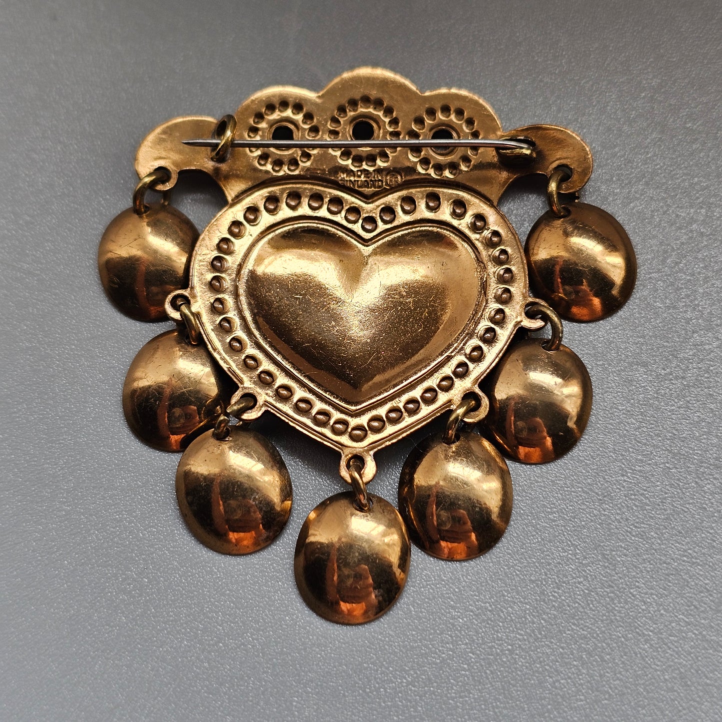 Vintage Finnish Kalevala Koru Middle Ages Style Dangly Bronze Heart SALT Brooch