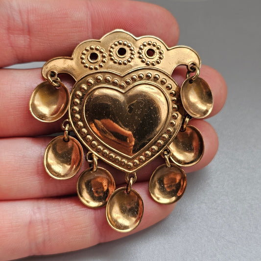 Vintage Finnish Kalevala Koru Middle Ages Style Dangly Bronze Heart SALT Brooch