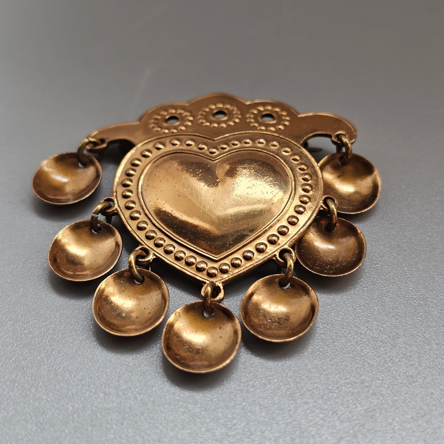Vintage Finnish Kalevala Koru Middle Ages Style Dangly Bronze Heart SALT Brooch