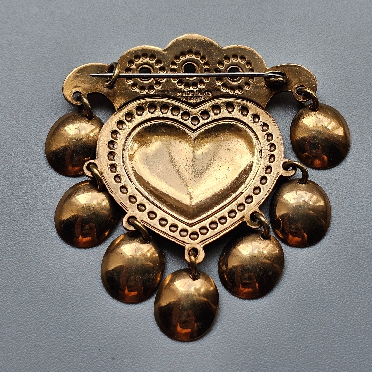 Vintage Finnish Kalevala Koru Middle Ages Style Dangly Bronze Heart SALT Brooch