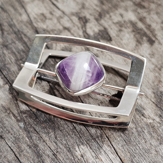 1960s Finnish Modernist Silver & Banded Amethyst Brooch by Elis Kauppi & Kupittaan Kulta