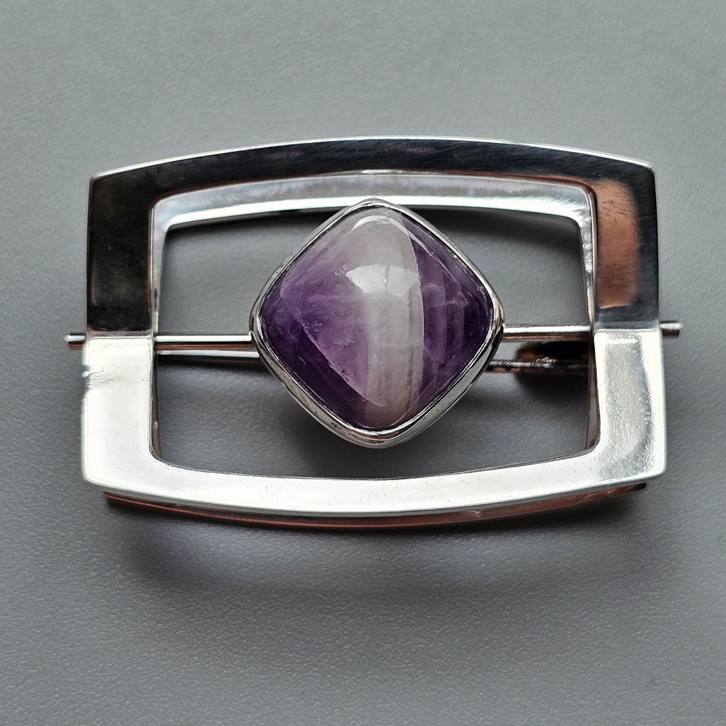 1960s Finnish Modernist Silver & Banded Amethyst Brooch by Elis Kauppi & Kupittaan Kulta