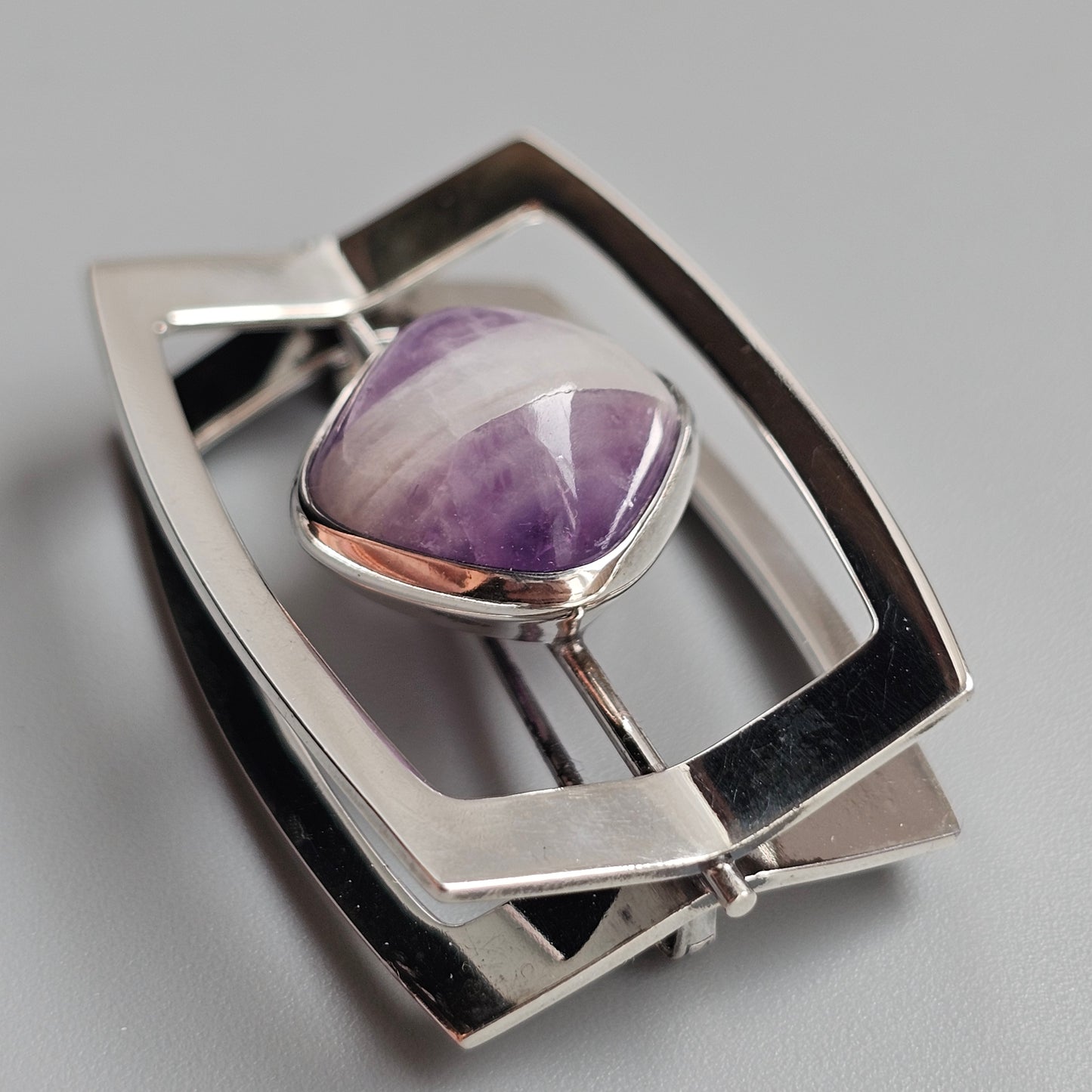 1960s Finnish Modernist Silver & Banded Amethyst Brooch by Elis Kauppi & Kupittaan Kulta