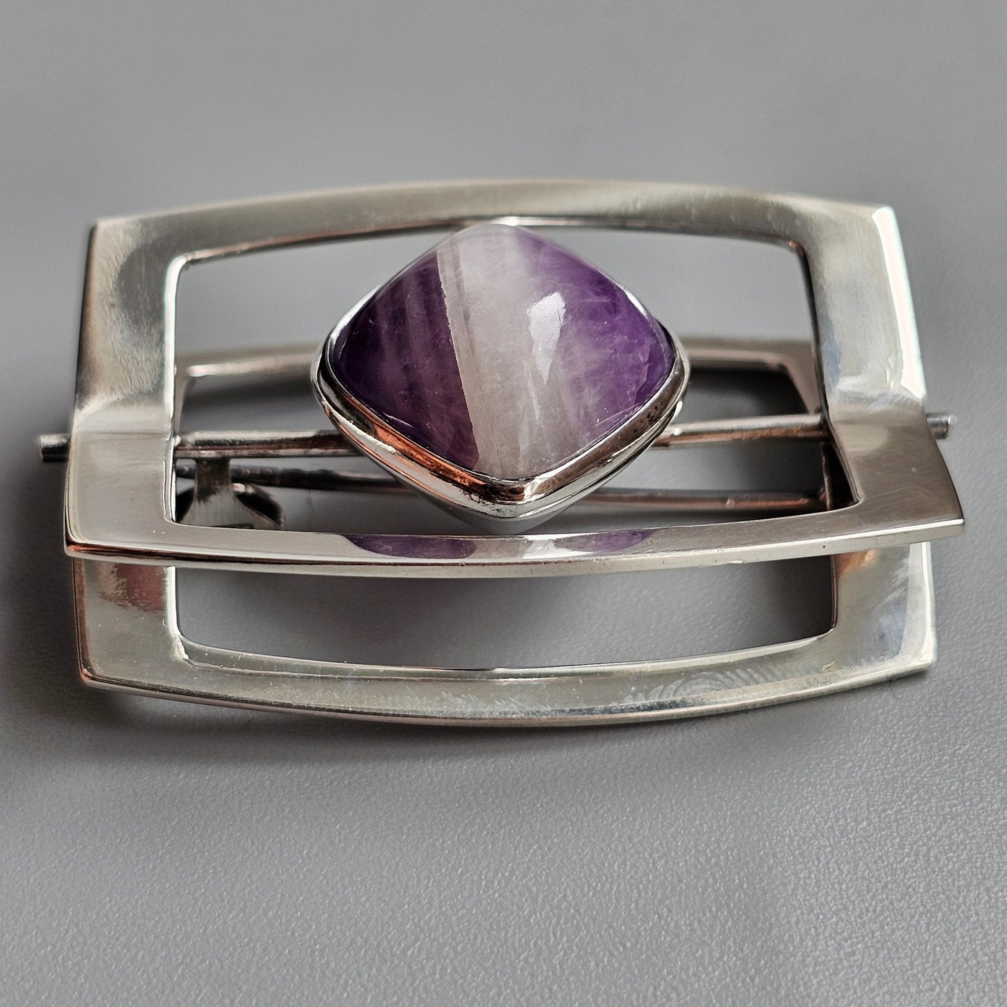 1960s Finnish Modernist Silver & Banded Amethyst Brooch by Elis Kauppi & Kupittaan Kulta