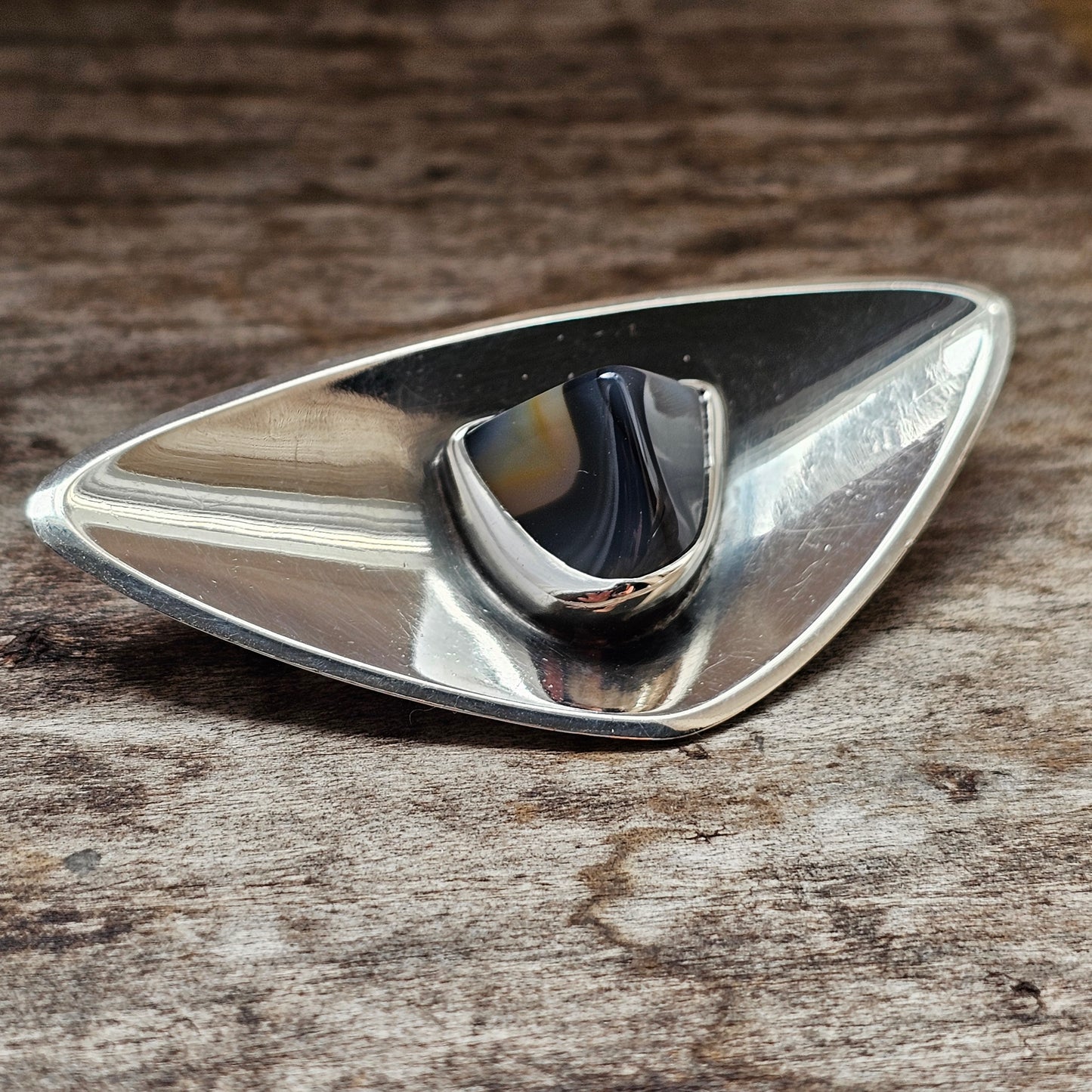 Vintage 1960s Modernist Finnish Silver & Banded Agate Brooch by Santtu Kiviharju 1963