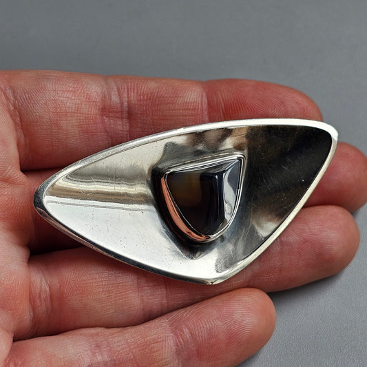 Vintage 1960s Modernist Finnish Silver & Banded Agate Brooch by Santtu Kiviharju 1963