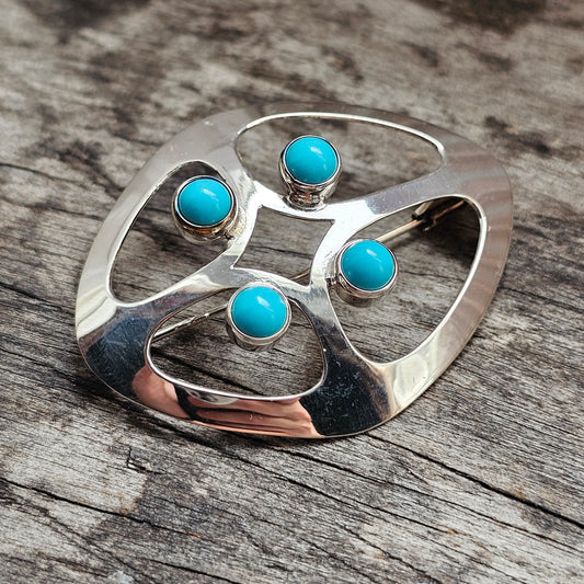 Vintage 1960s Kultaseppä Salovaara Finnish Silver & Turquoise Glass Modernist Brooch