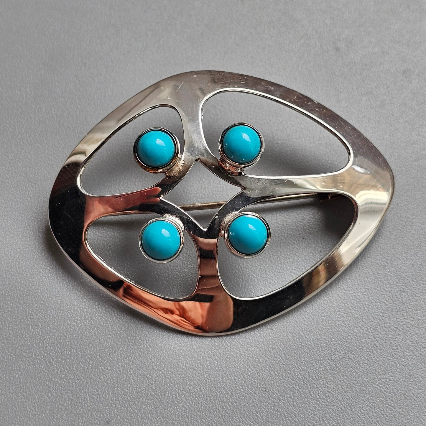 Vintage 1960s Kultaseppä Salovaara Finnish Silver & Turquoise Glass Modernist Brooch