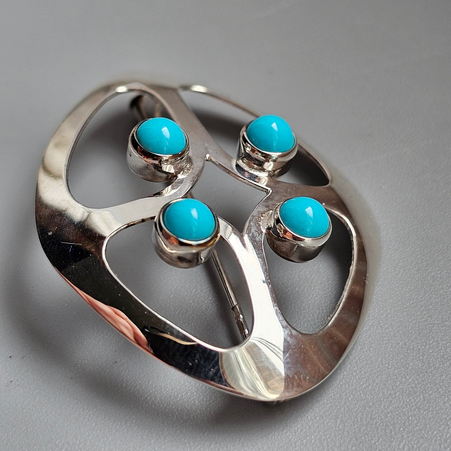 Vintage 1960s Kultaseppä Salovaara Finnish Silver & Turquoise Glass Modernist Brooch