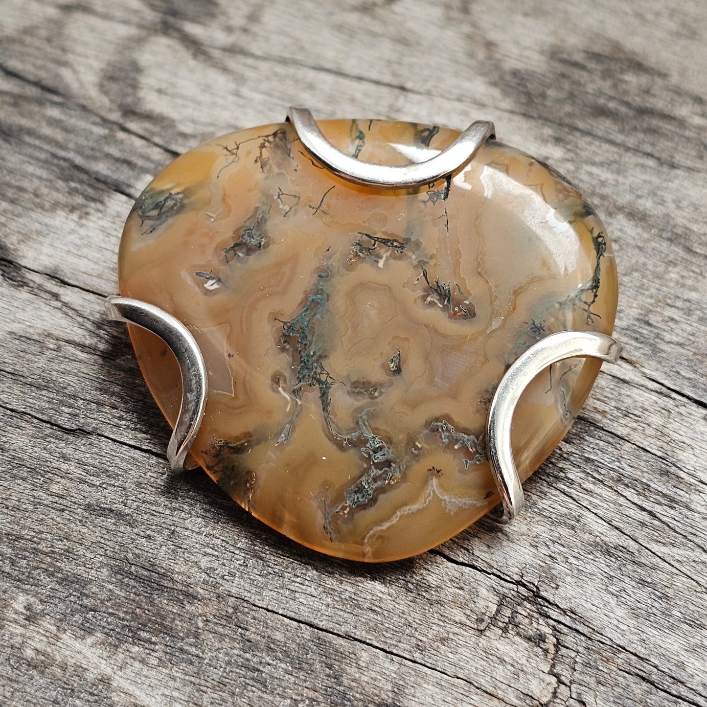 Vintage Silver & Moss Agate Modernist Brooch