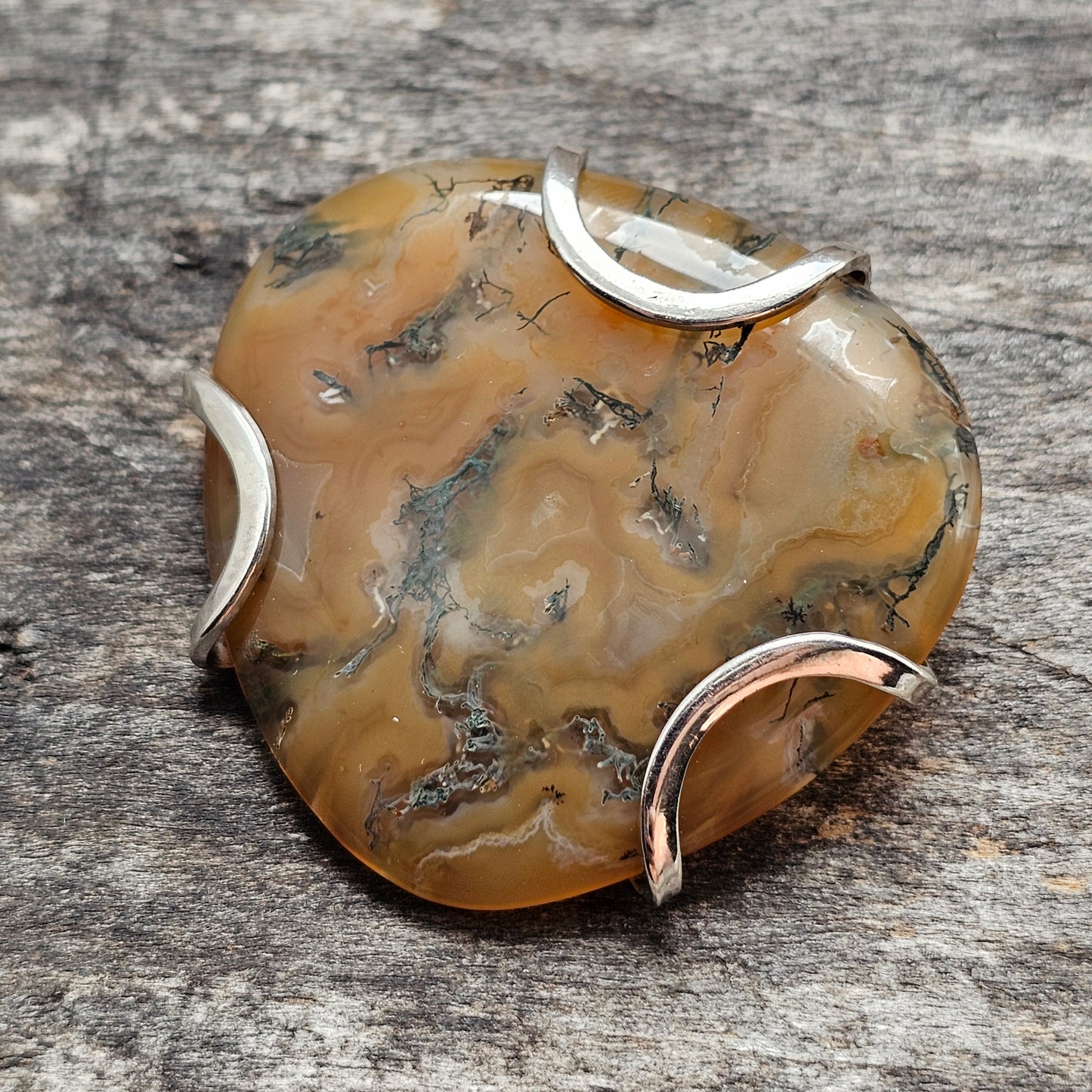 Vintage Silver & Moss Agate Modernist Brooch