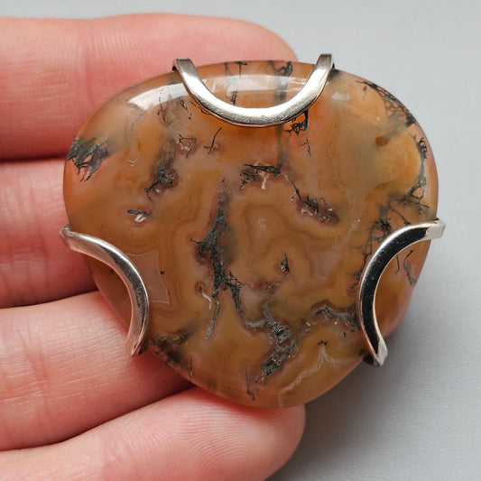 Vintage Silver & Moss Agate Modernist Brooch