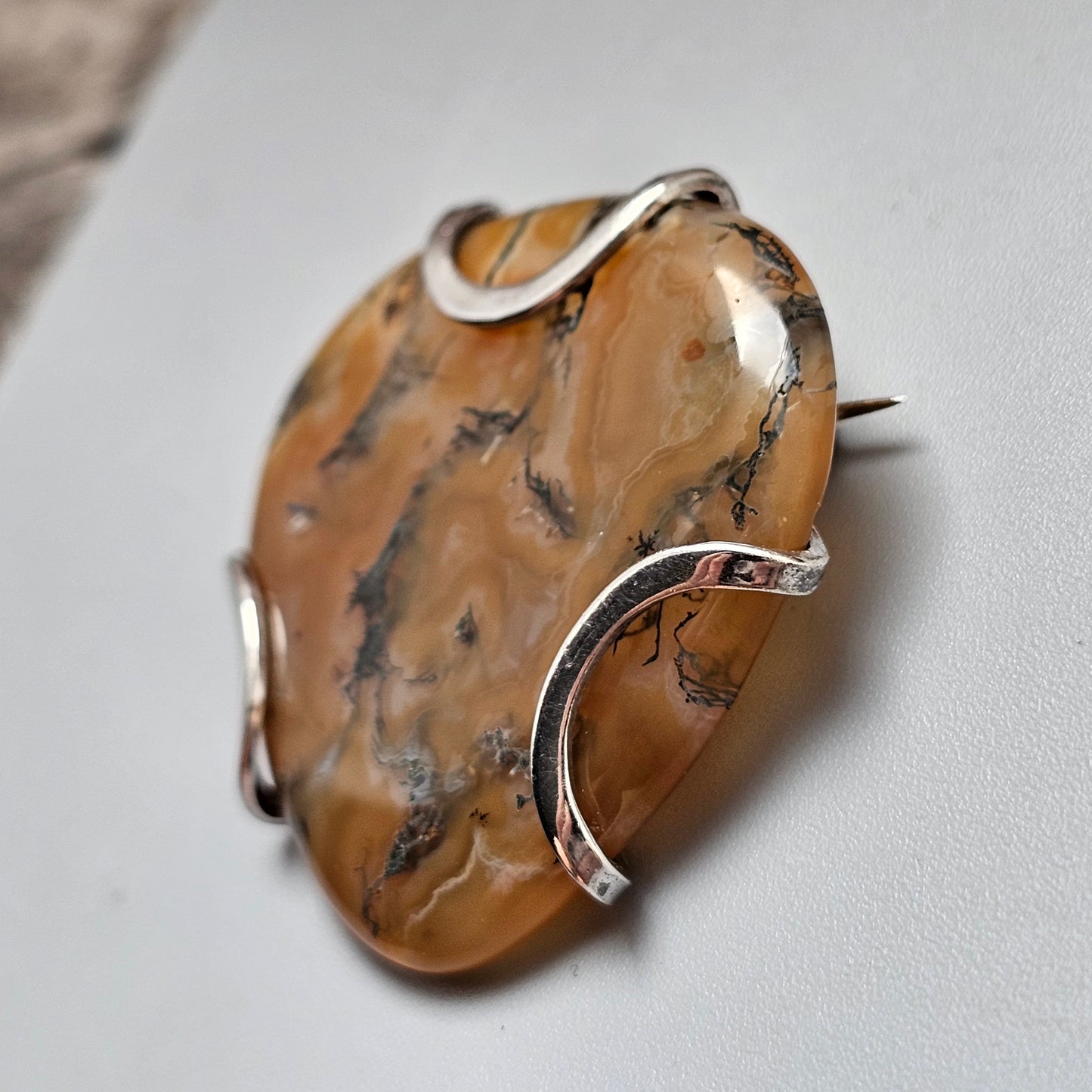 Vintage Silver & Moss Agate Modernist Brooch